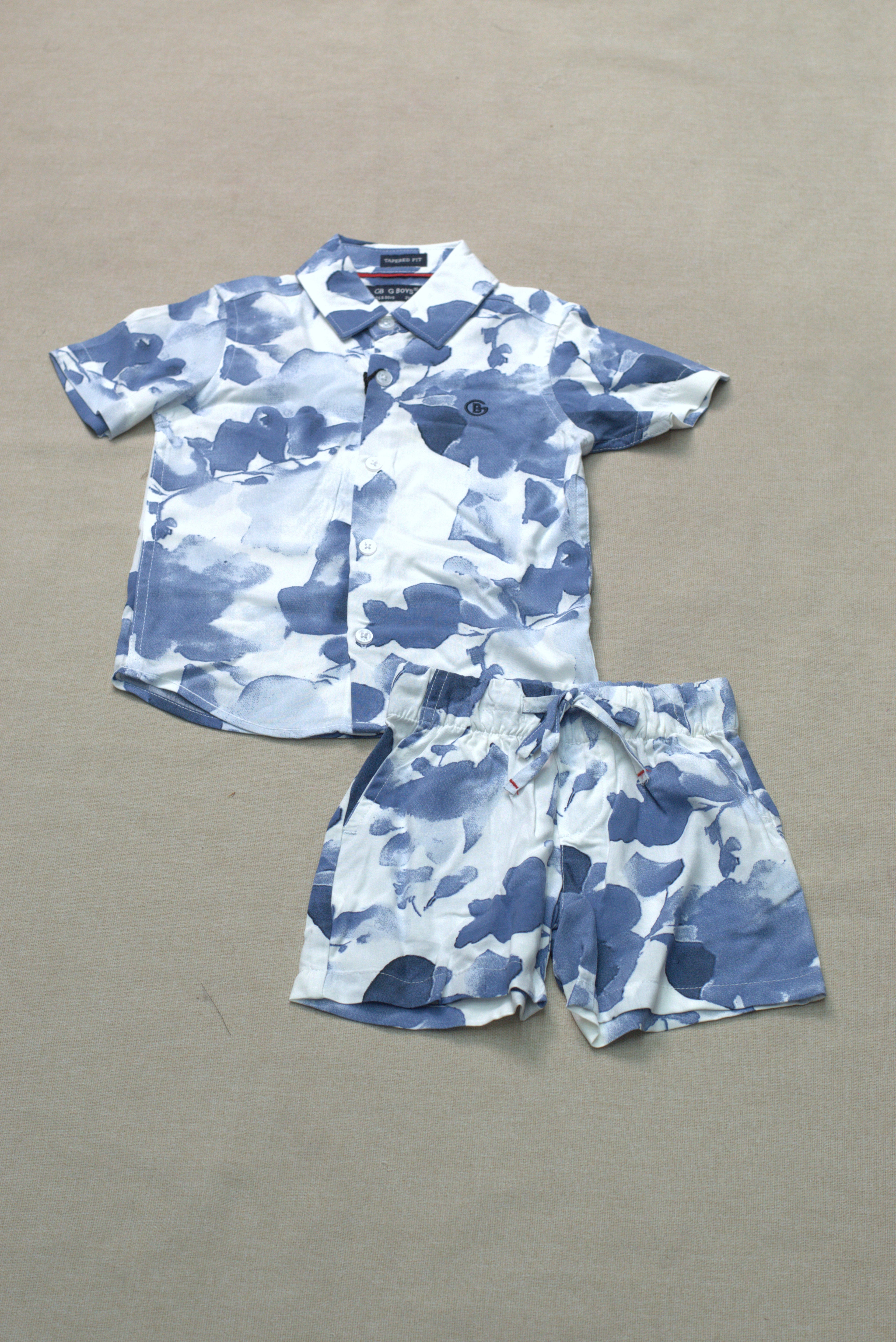 Boys Blue Abstract Print Co-Ord Set – Half Sleeve Shirt & Shorts Outfit