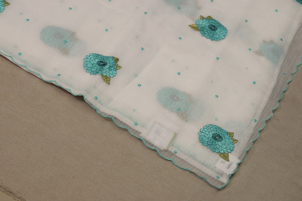 Elegant Floral Embroidered Net Kota Saree with Scalloped Border & Blouse Piece