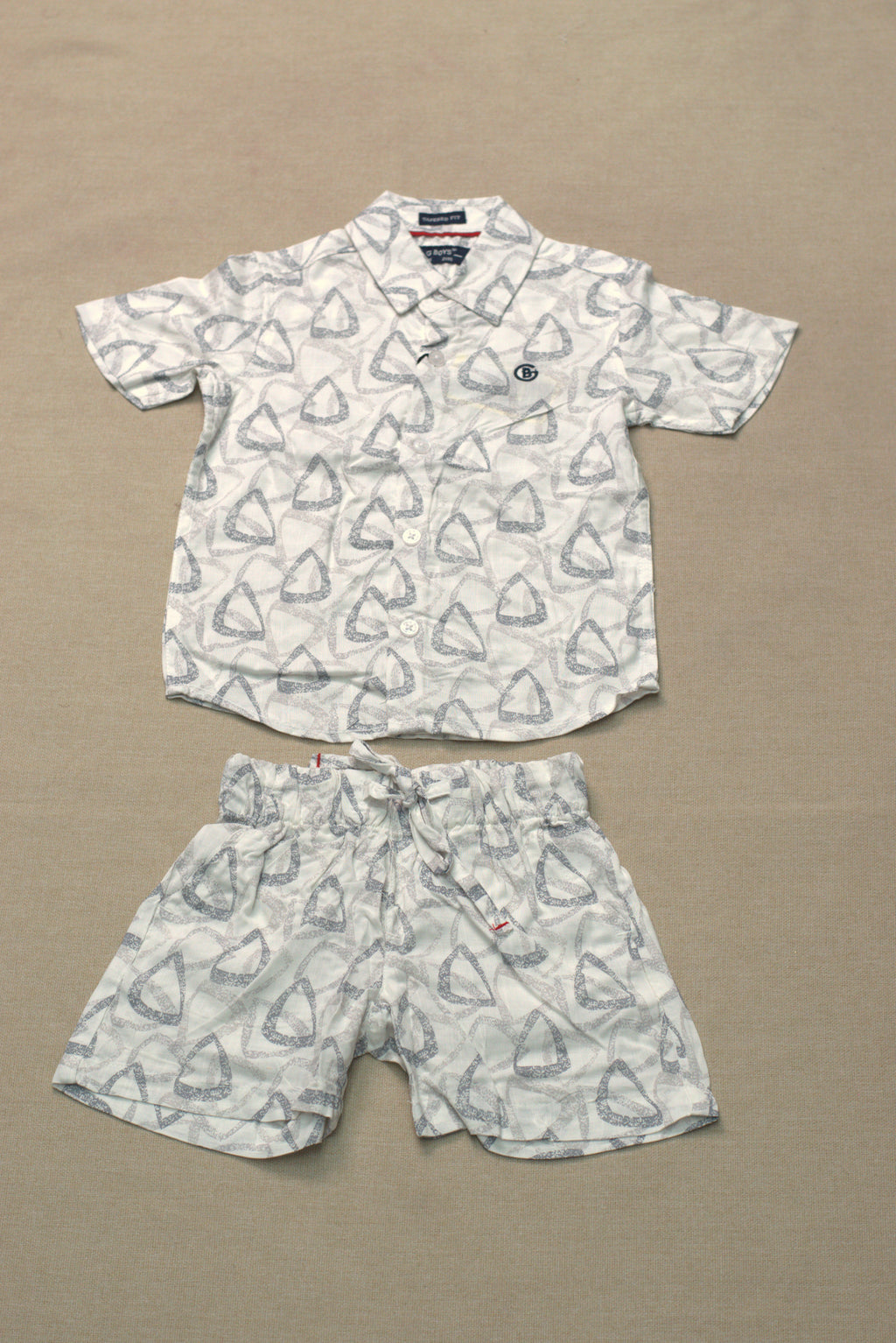 Boys White Geometric Print Co-Ord Set – Half Sleeve Shirt & Shorts
