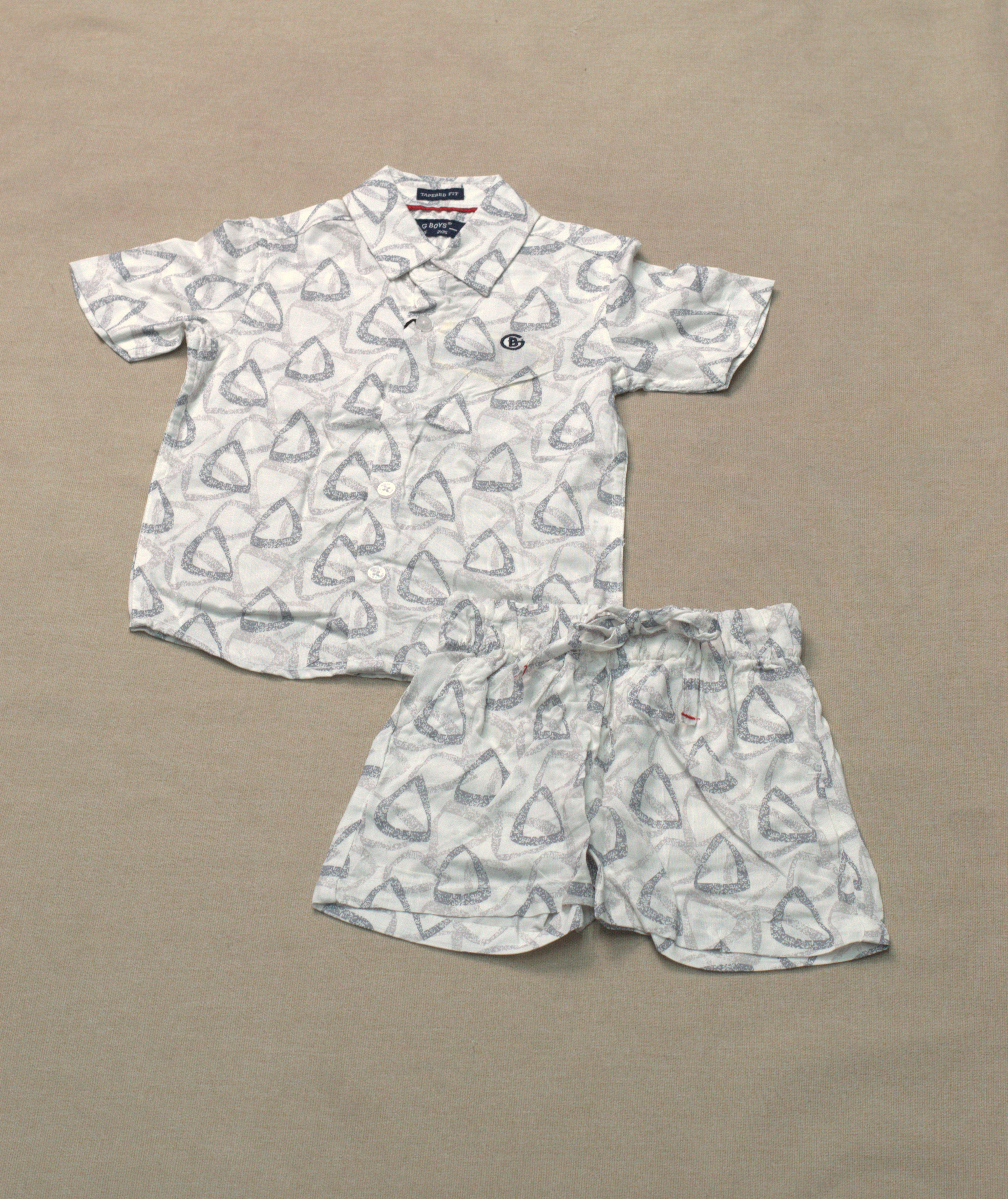Boys White Geometric Print Co-Ord Set – Half Sleeve Shirt & Shorts