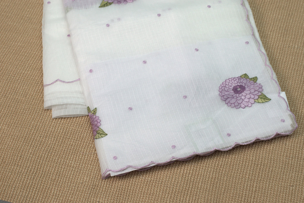 Elegant Floral Embroidered Net Kota Saree with Scalloped Border & Blouse Piece