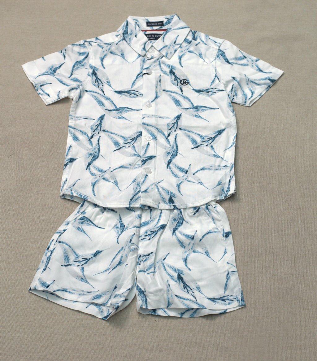 Boys White & Blue Tropical Print Co-Ord Set | Half Sleeve Shirt & Shorts Summer Outfit