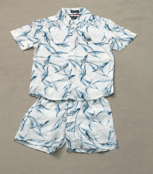 Boys White & Blue Tropical Print Co-Ord Set | Half Sleeve Shirt & Shorts Summer Outfit