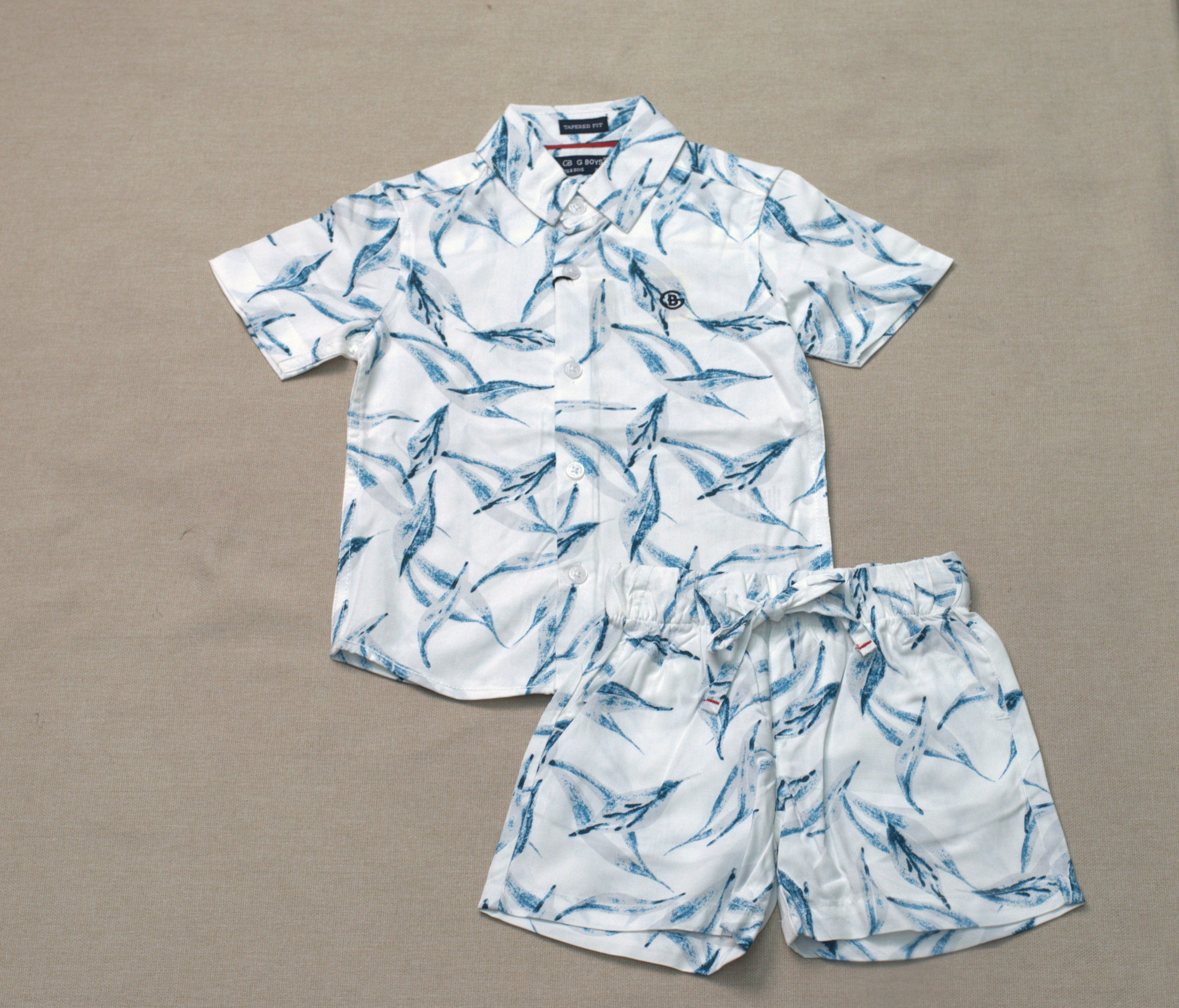 Boys White & Blue Tropical Print Co-Ord Set | Half Sleeve Shirt & Shorts Summer Outfit
