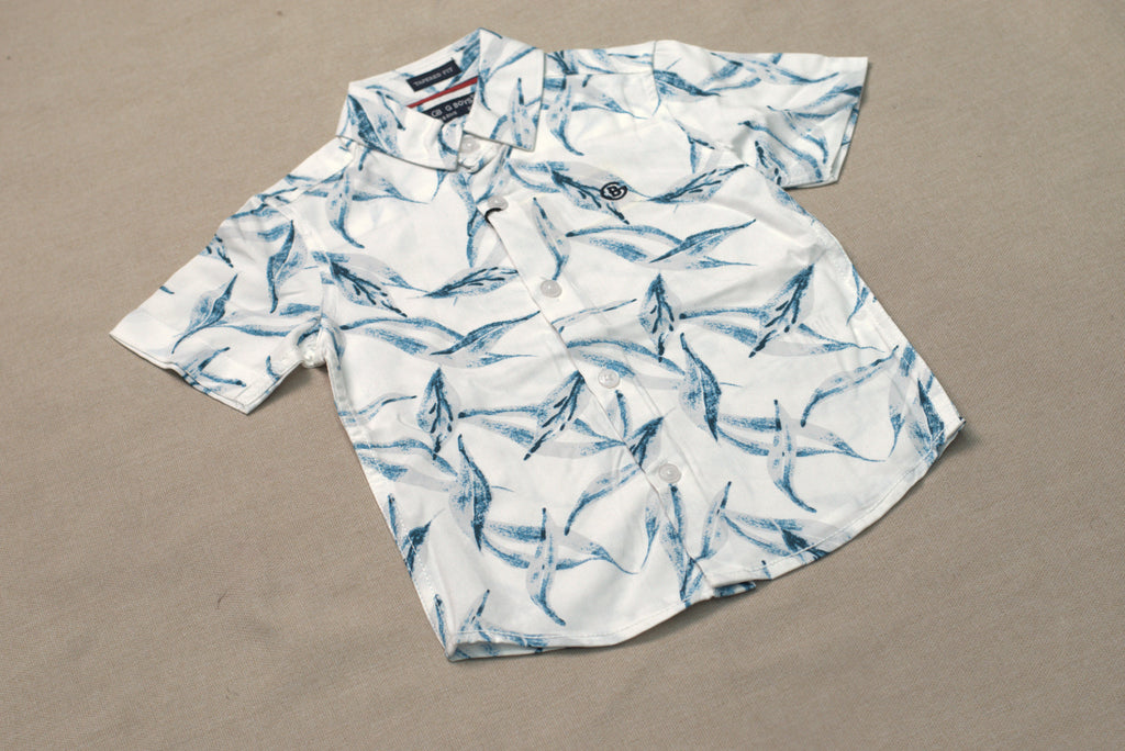 Boys White & Blue Tropical Print Co-Ord Set | Half Sleeve Shirt & Shorts Summer Outfit