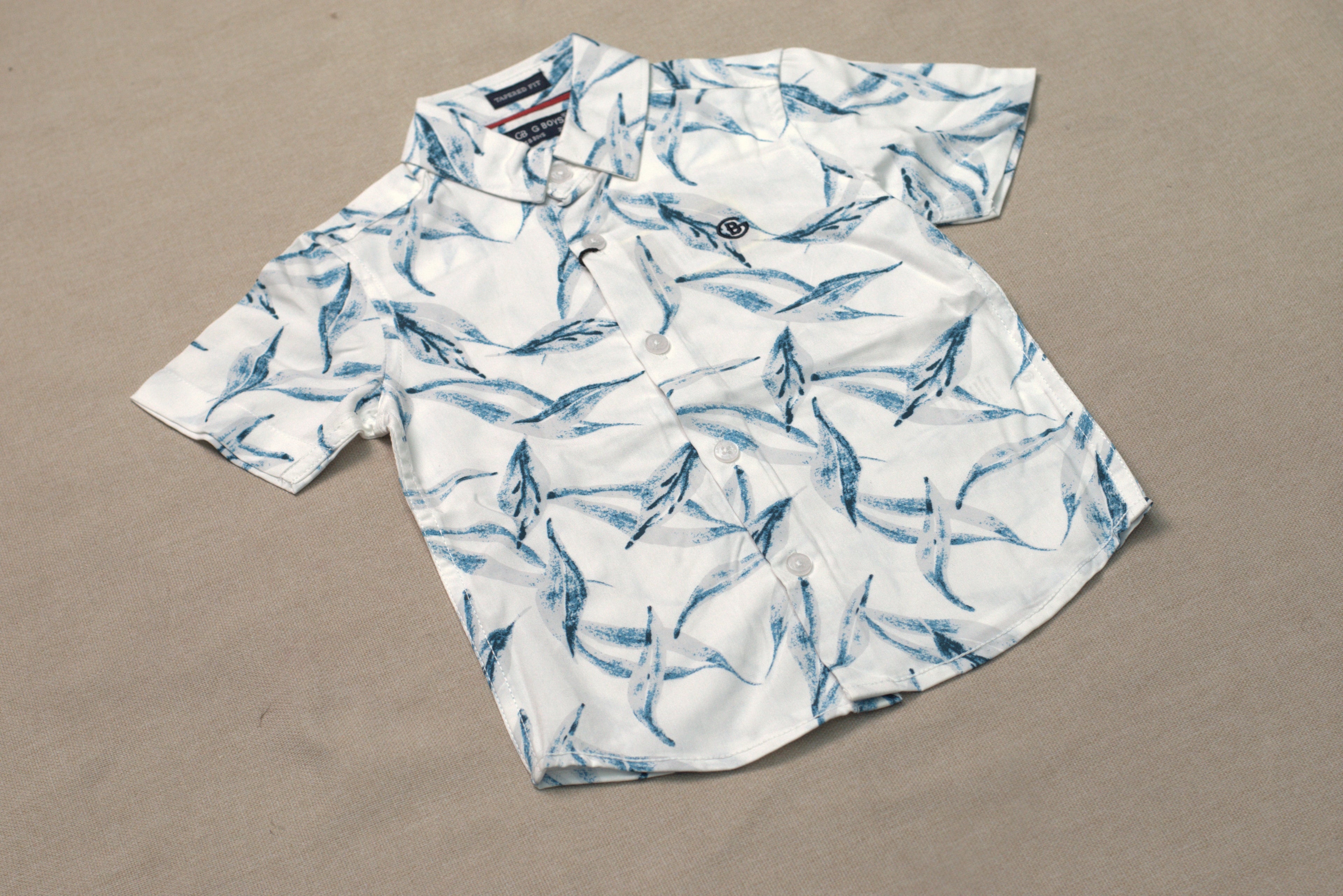 Boys White & Blue Tropical Print Co-Ord Set | Half Sleeve Shirt & Shorts Summer Outfit