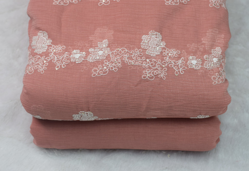 Peach Floral Embroidered Crushed Georgette Fabric – 44 Inches Width | Lightweight Designer Dress Material