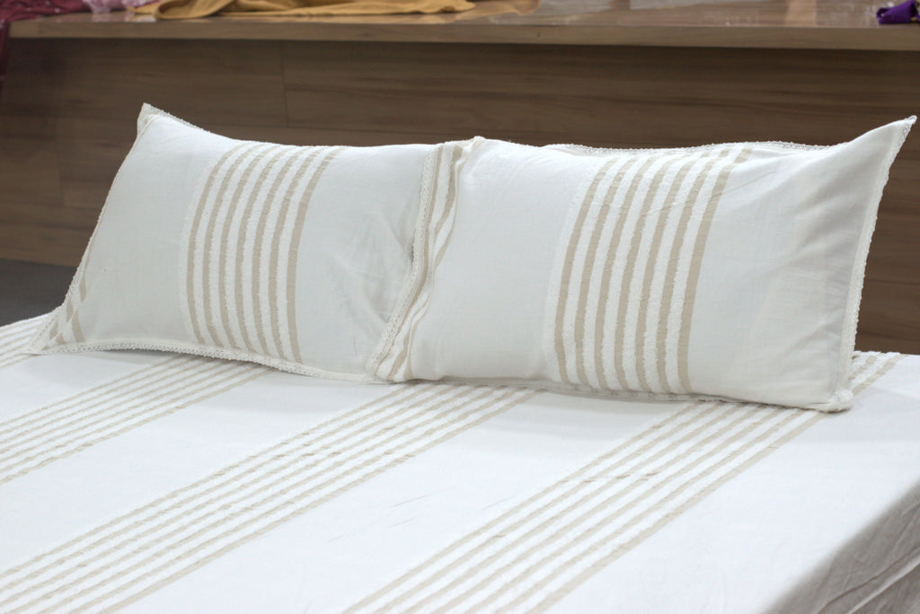 Premium Cotton King Size Bedspread with Textured Stripes & Lace Border – White & Beige