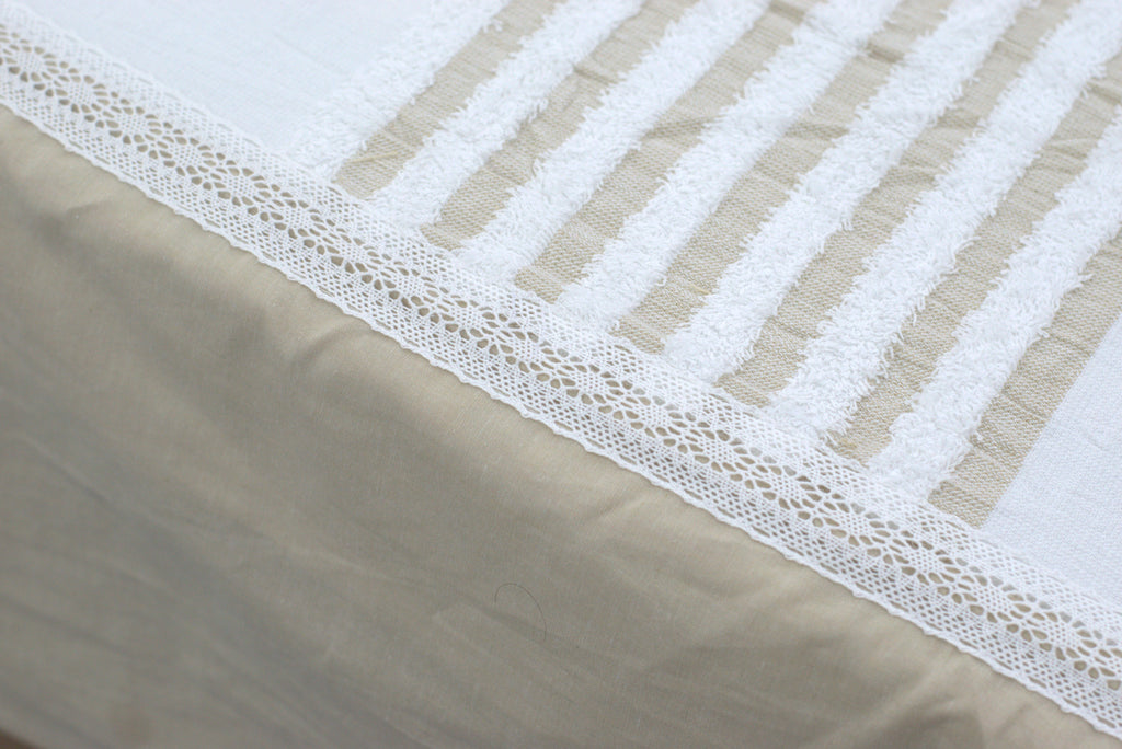 Premium Cotton King Size Bedspread with Textured Stripes & Lace Border – White & Beige