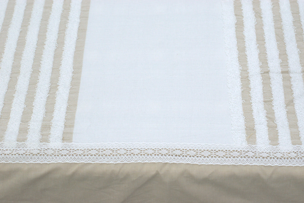Premium Cotton King Size Bedspread with Textured Stripes & Lace Border – White & Beige