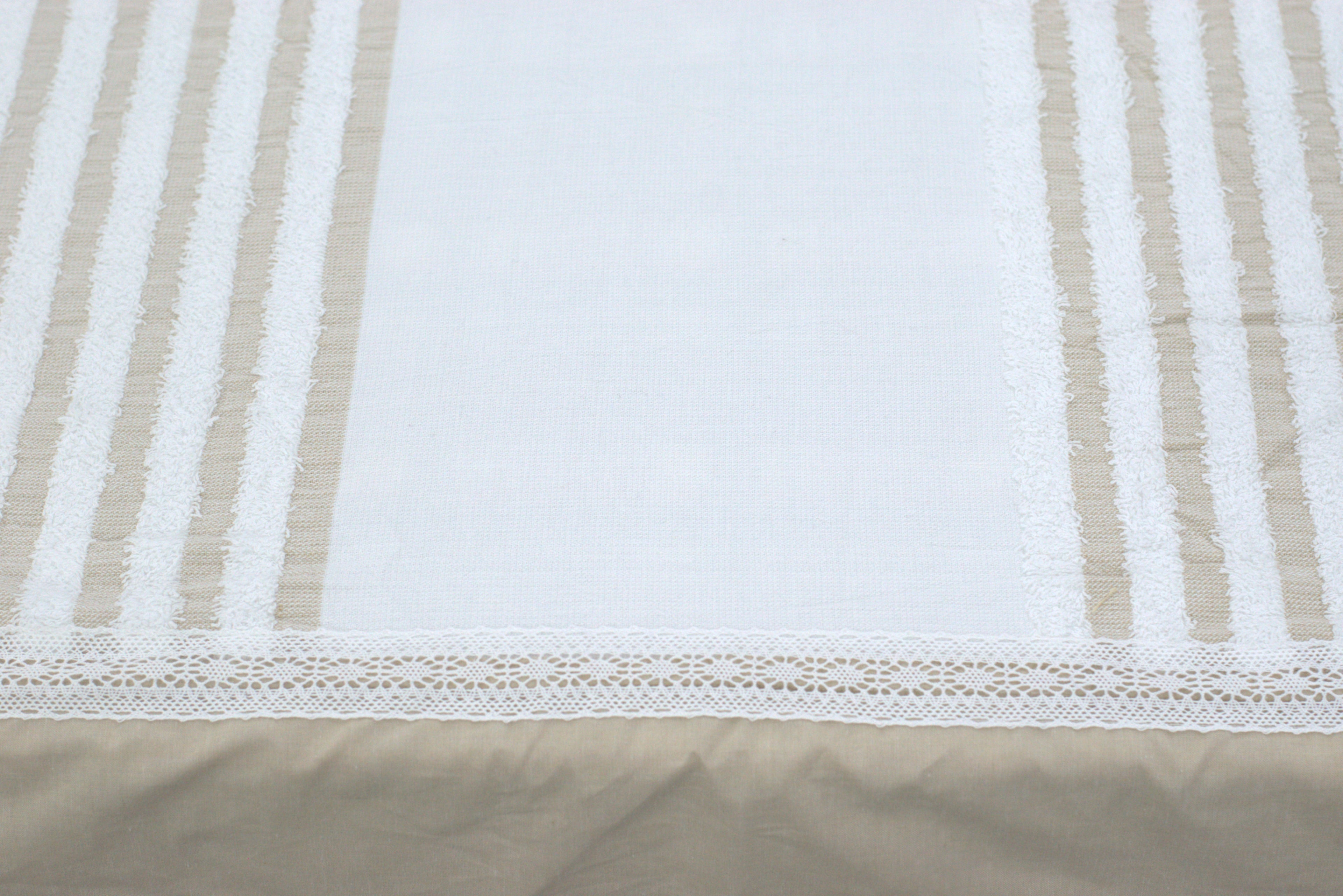 Premium Cotton King Size Bedspread with Textured Stripes & Lace Border – White & Beige