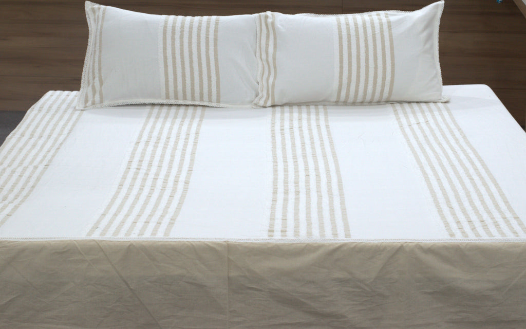 Premium Cotton King Size Bedspread with Textured Stripes & Lace Border – White & Beige