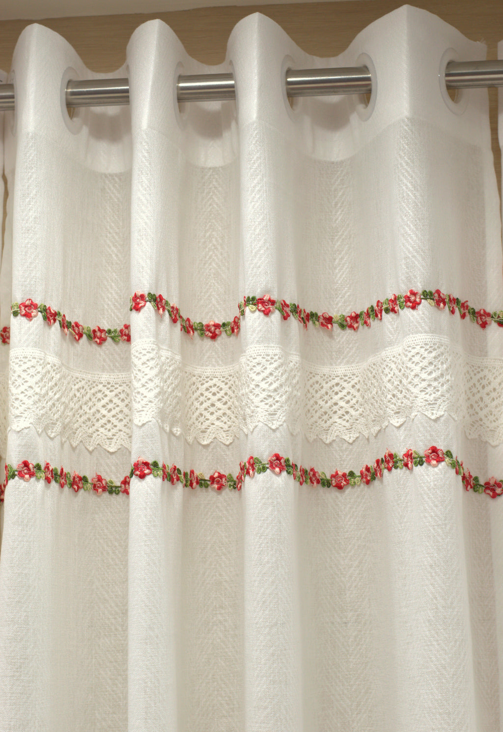 Elegant White Semi Linen Door Curtain with Floral Lace Embroidery – 4 x 7 Feet