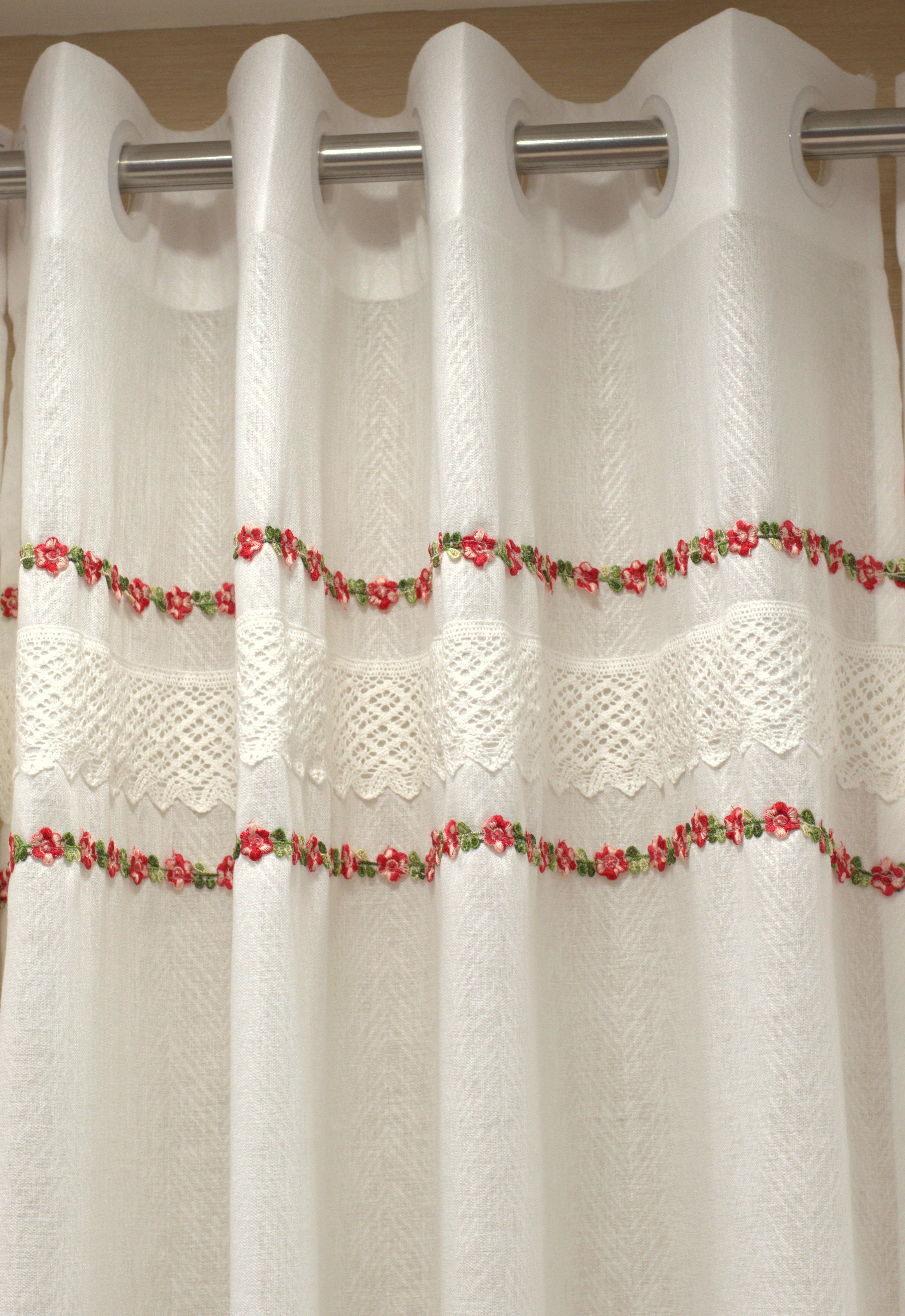 Elegant White Semi Linen Door Curtain with Floral Lace Embroidery – 4 x 7 Feet
