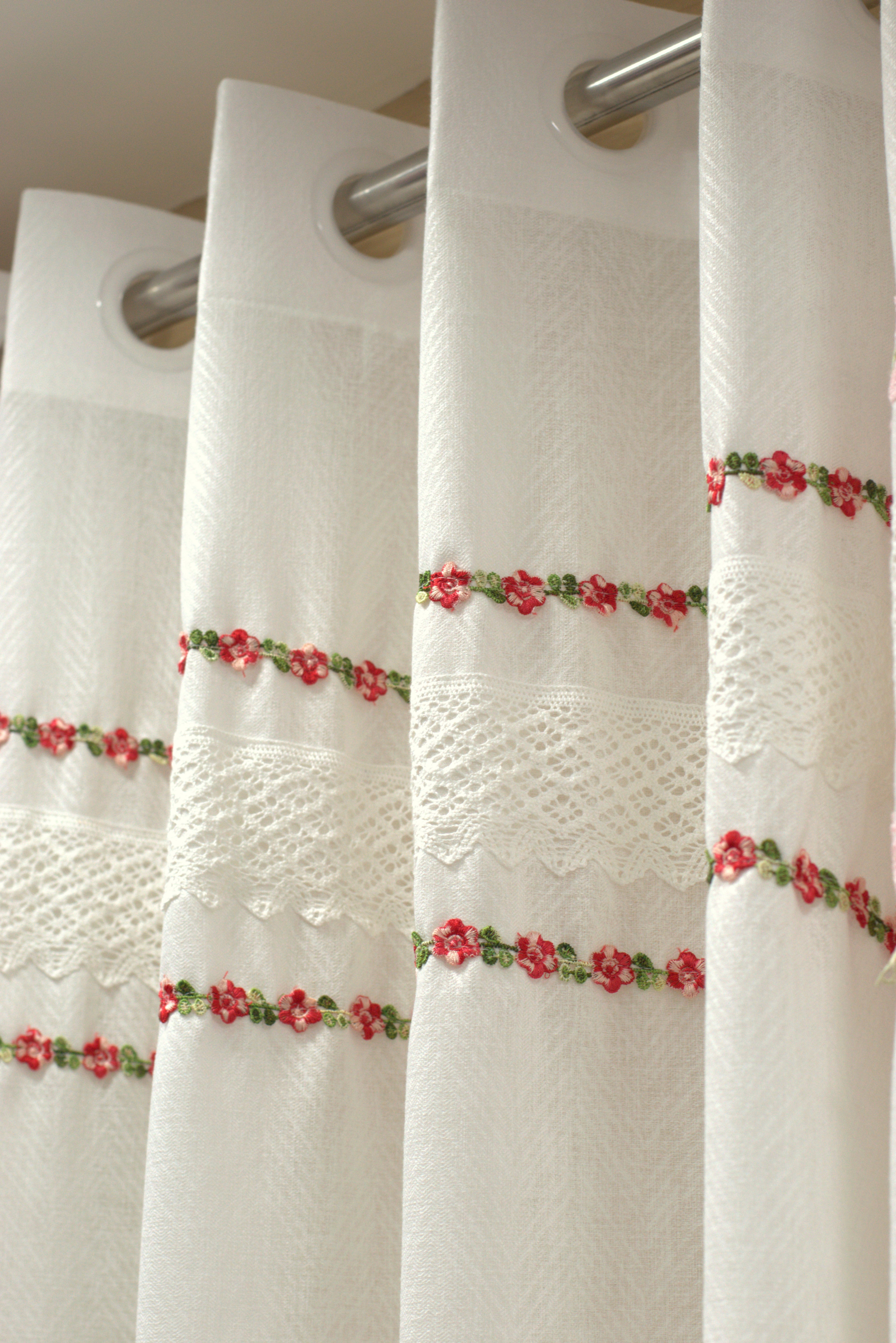Elegant White Semi Linen Door Curtain with Floral Lace Embroidery – 4 x 7 Feet