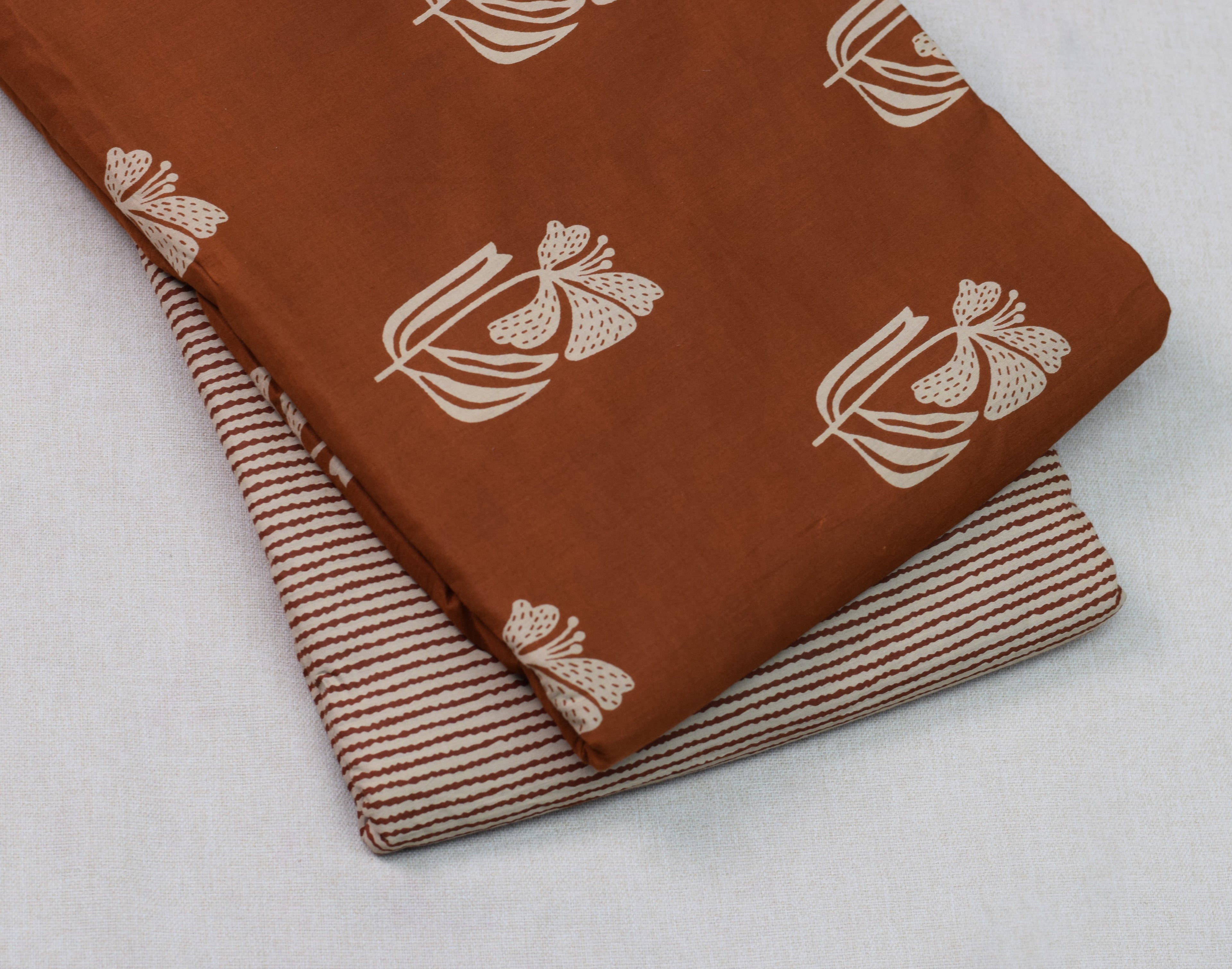 Soft Cotton Rust Brown Butterfly Print Dress Material Set with Striped Bottom