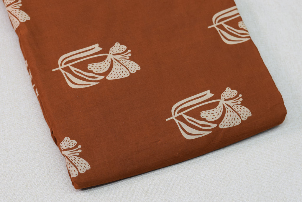 Soft Cotton Rust Brown Butterfly Print Dress Material Set with Striped Bottom