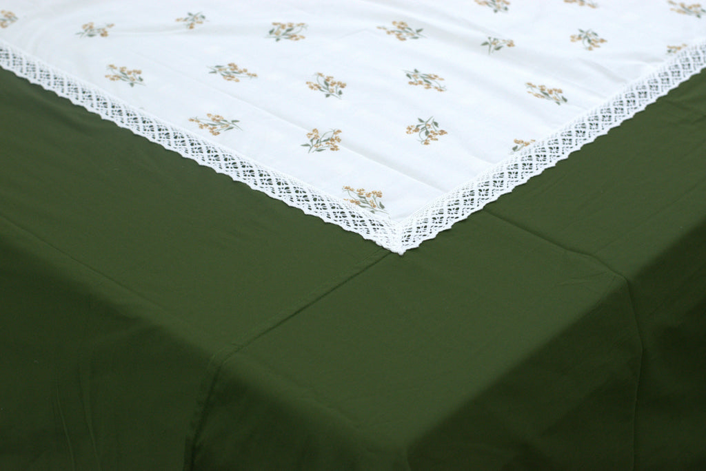 Premium King Size Olive Green & Cream Floral Bedspread Set - 3 Piece Cotton Blend (Includes 2 Pillow Covers) - View 2 - Cotton Floral - Nushio