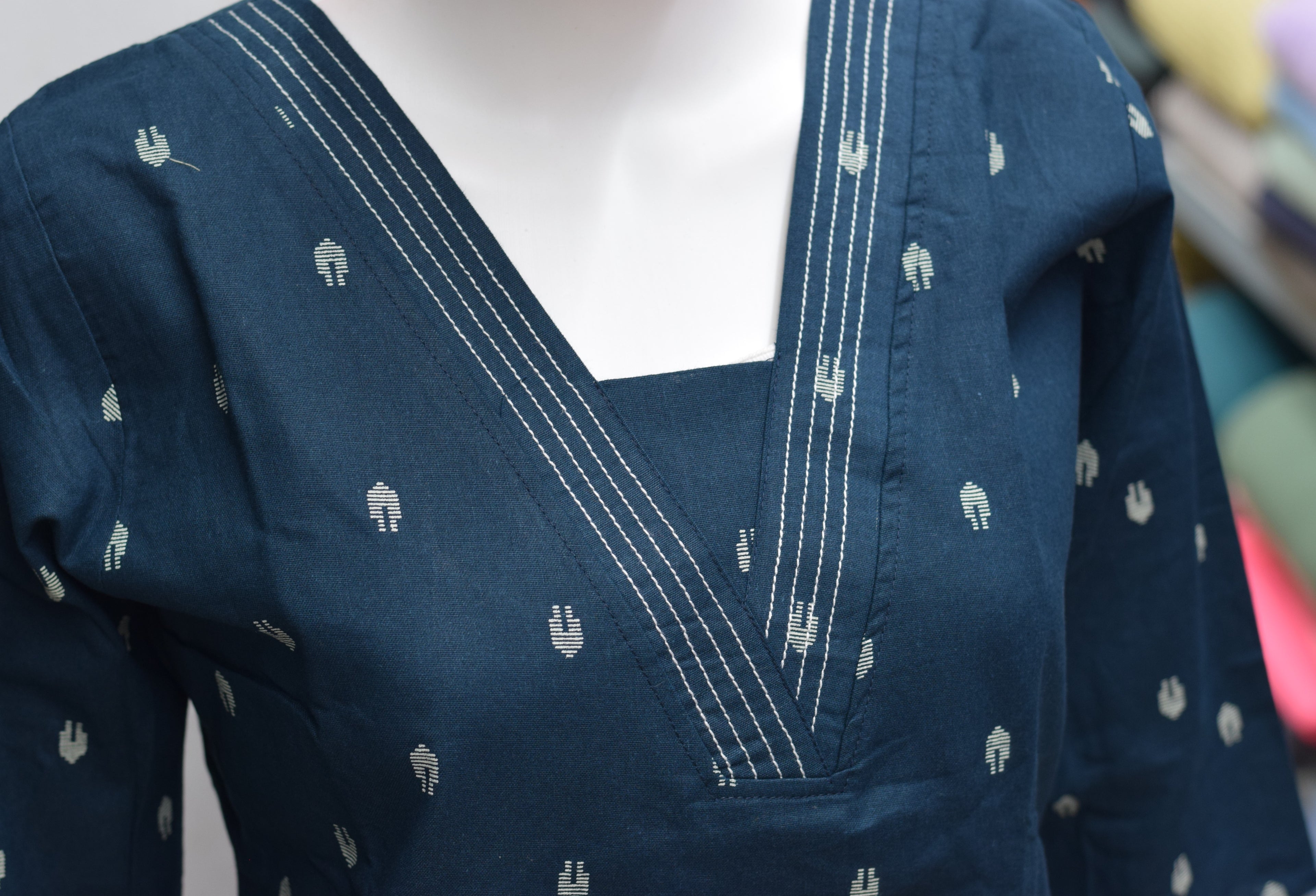 Navy Blue Printed Cotton Churidar Top for Women | Elegant V-Neck Kurti Top