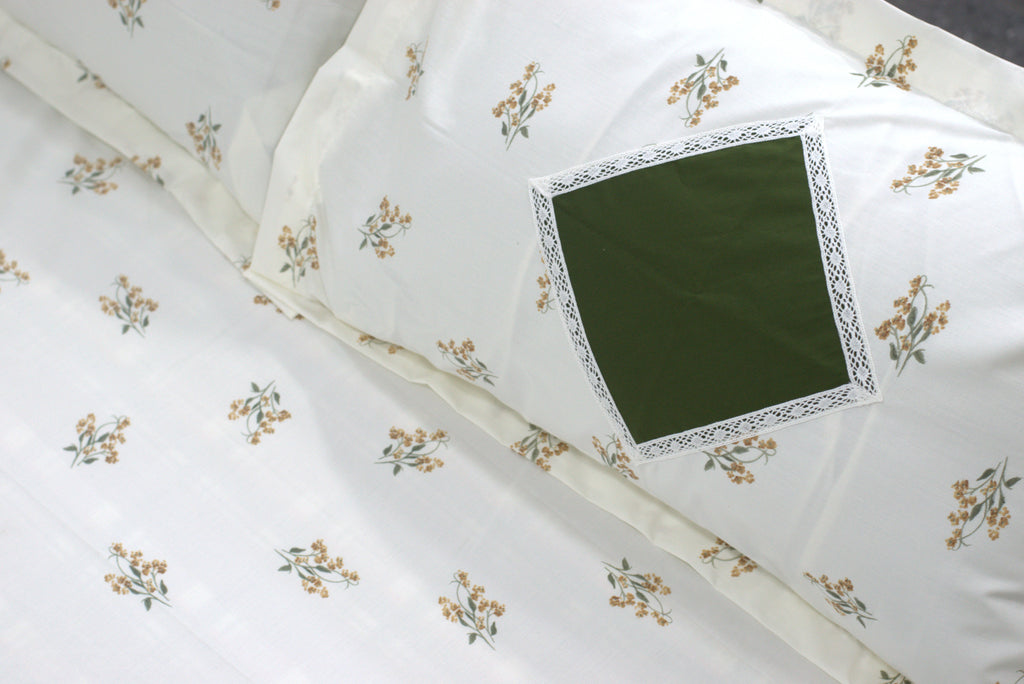 Premium King Size Olive Green & Cream Floral Bedspread Set - 3 Piece Cotton Blend (Includes 2 Pillow Covers) - View 3 - Cotton Floral - Nushio