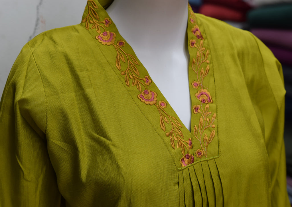 Green Printed  Churidar Top for Women | Embroidered V-Neck Kurti Top