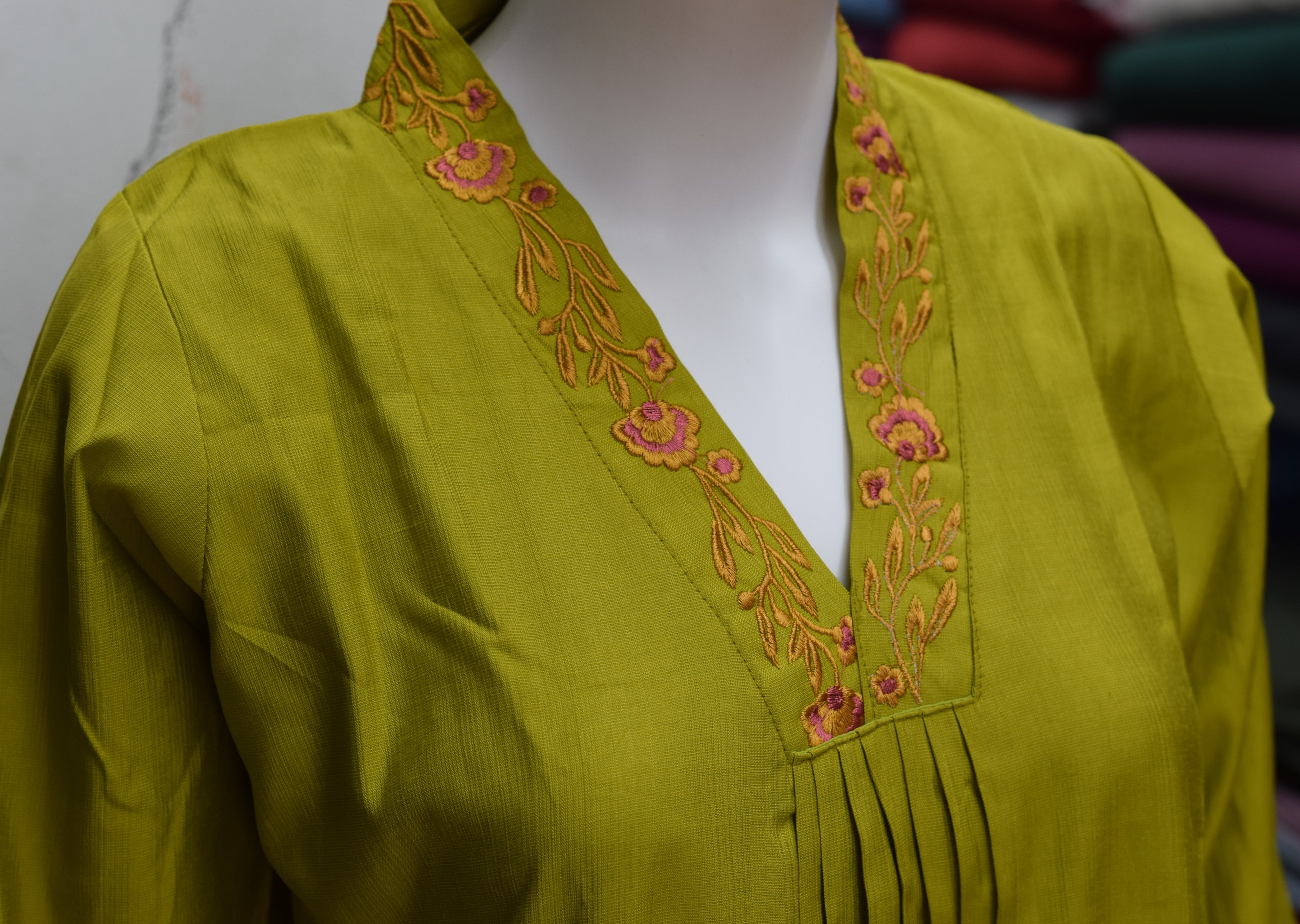 Green Printed  Churidar Top for Women | Embroidered V-Neck Kurti Top