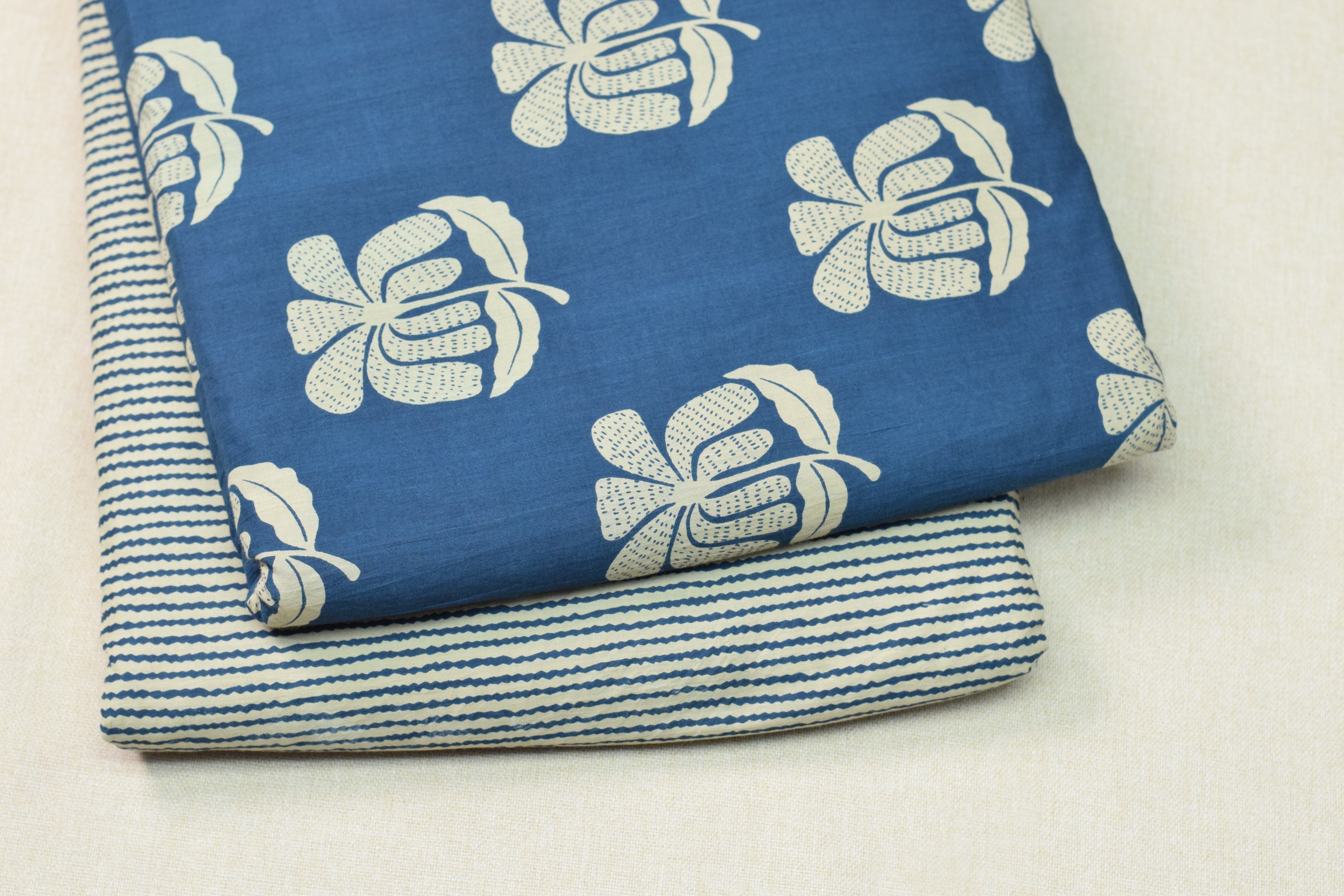 Soft Cotton Blue Floral Print Dress Material Set with Striped Bottom | Top 2.5m & Bottom 2m