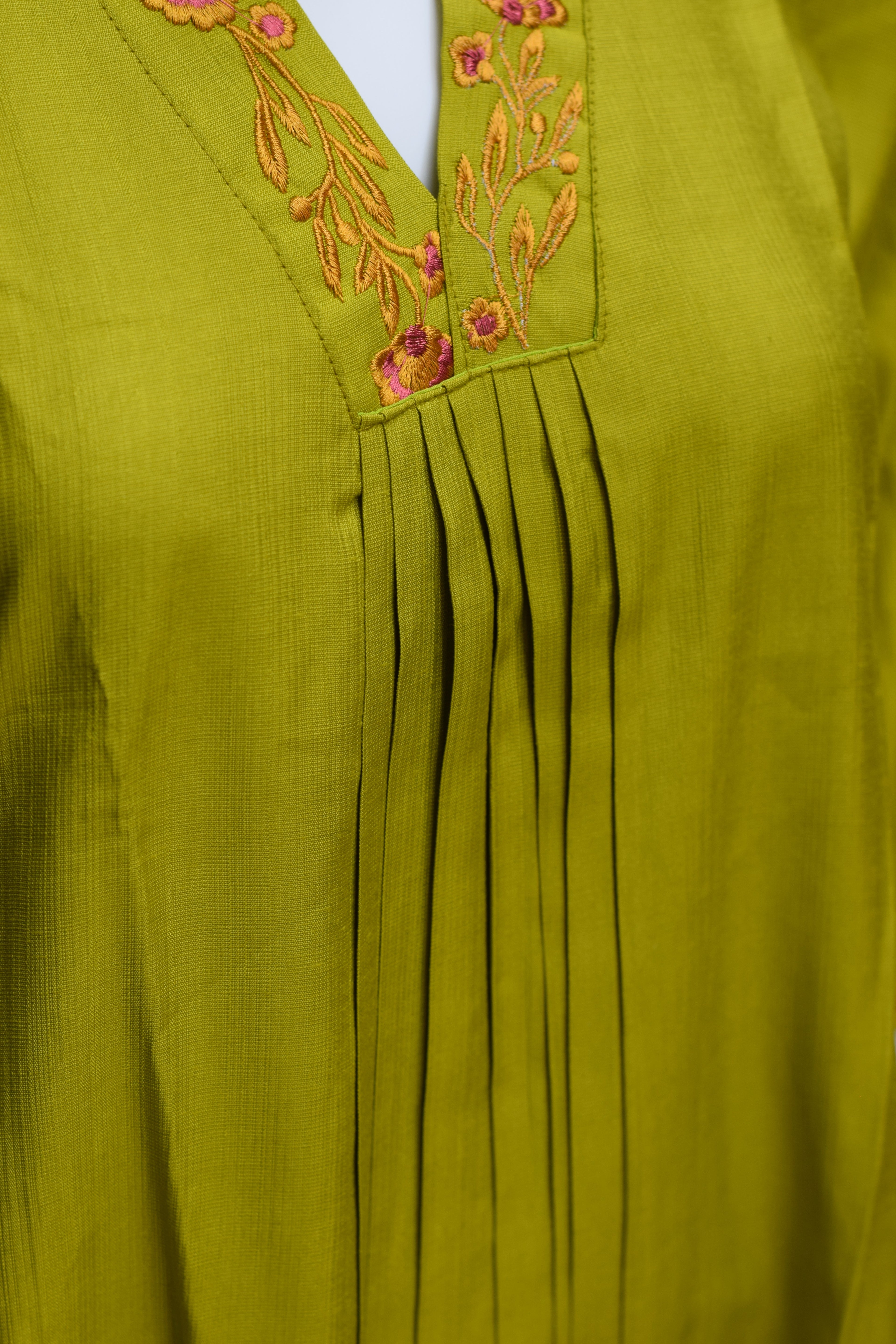 Green Printed  Churidar Top for Women | Embroidered V-Neck Kurti Top