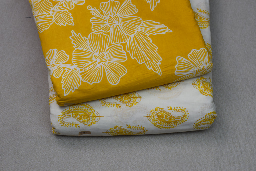 Mustard Yellow Floral Soft Cotton Dress Material Set | Top & Bottom Fabric | 44" Width