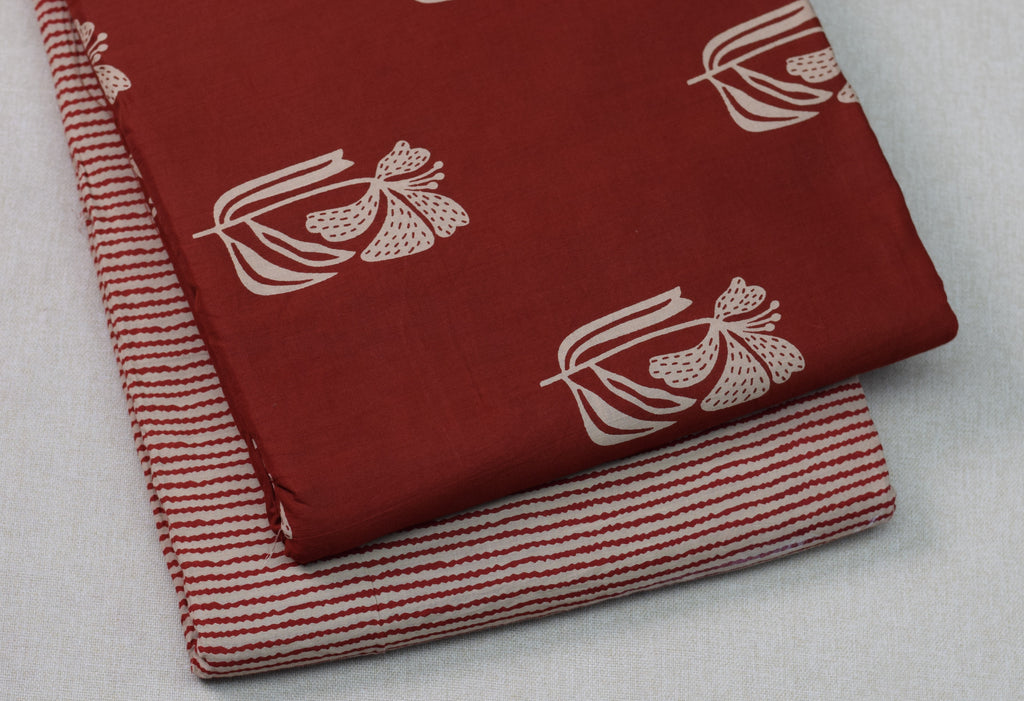 Soft Cotton Floral Print Dress Material Set – Rust Red | Top & Bottom Fabric