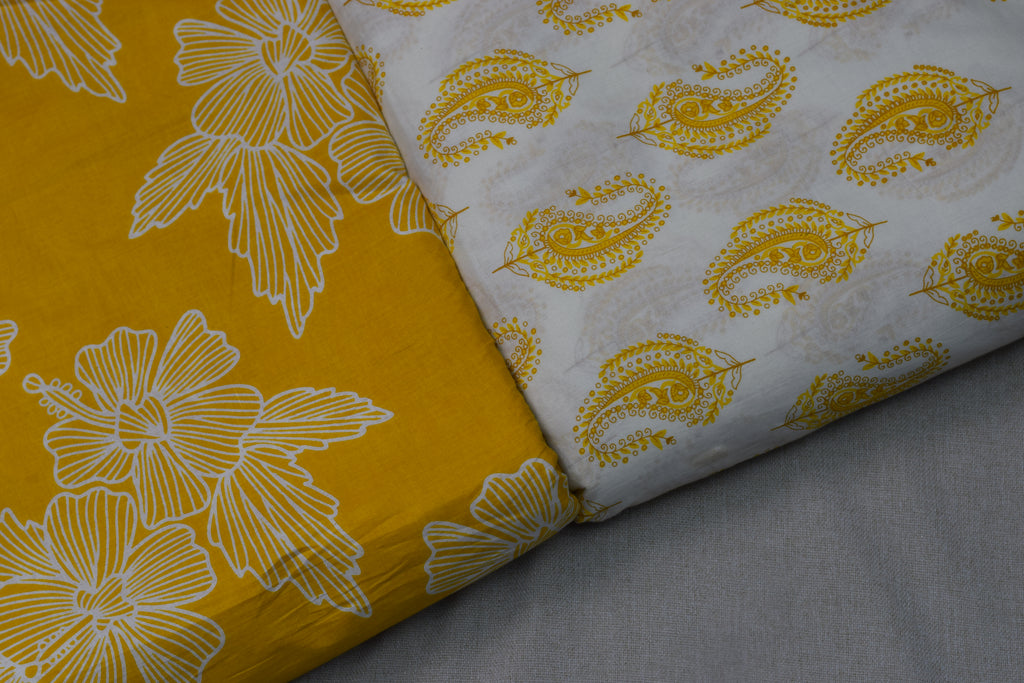 Mustard Yellow Floral Soft Cotton Dress Material Set | Top & Bottom Fabric | 44" Width