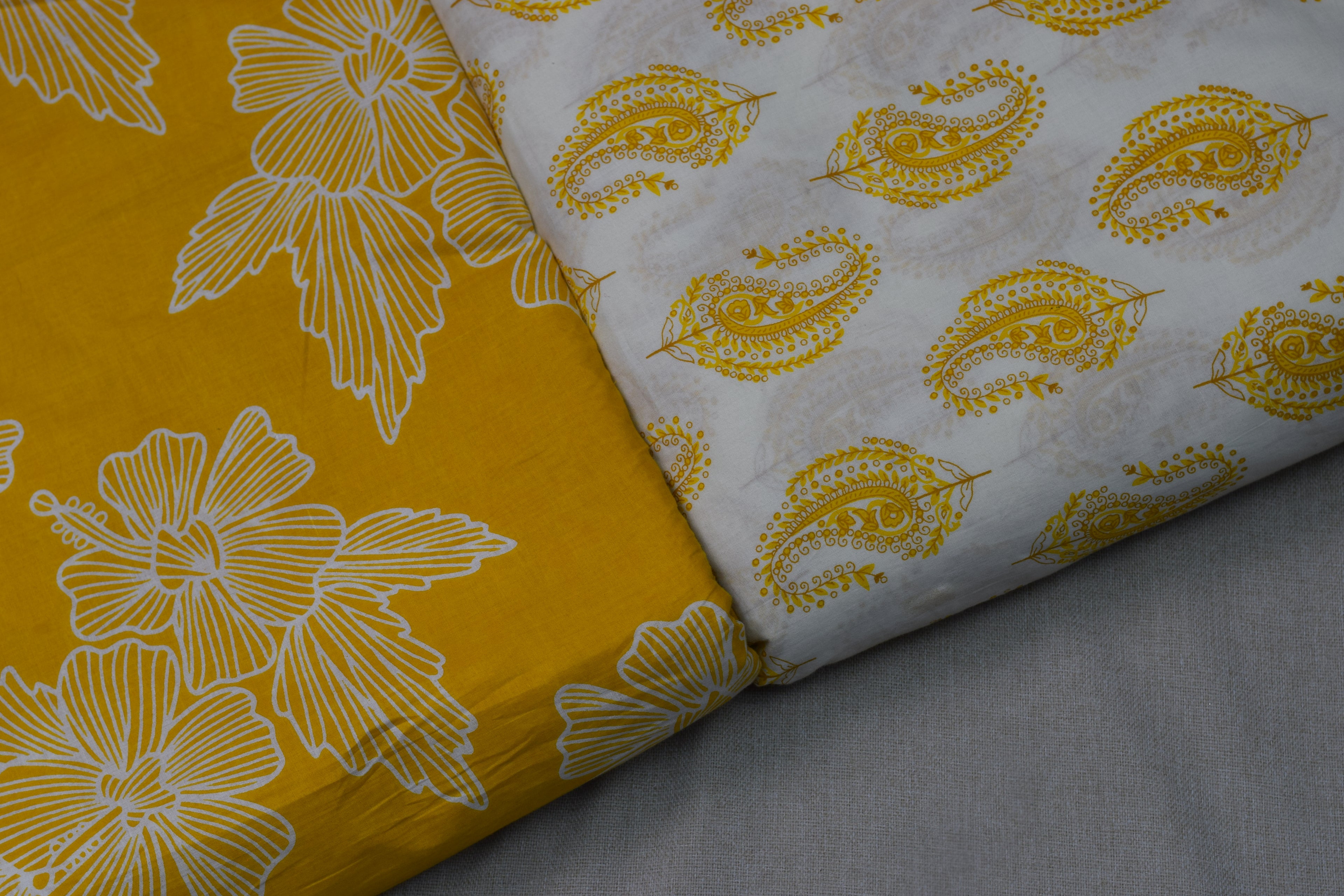 Mustard Yellow Floral Soft Cotton Dress Material Set | Top & Bottom Fabric | 44" Width