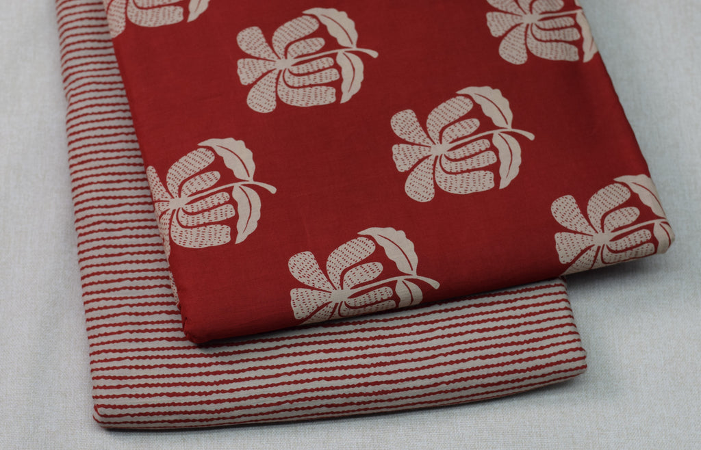 Soft Cotton Red Floral Print Dress Material Set with Striped Bottom – 44" Width