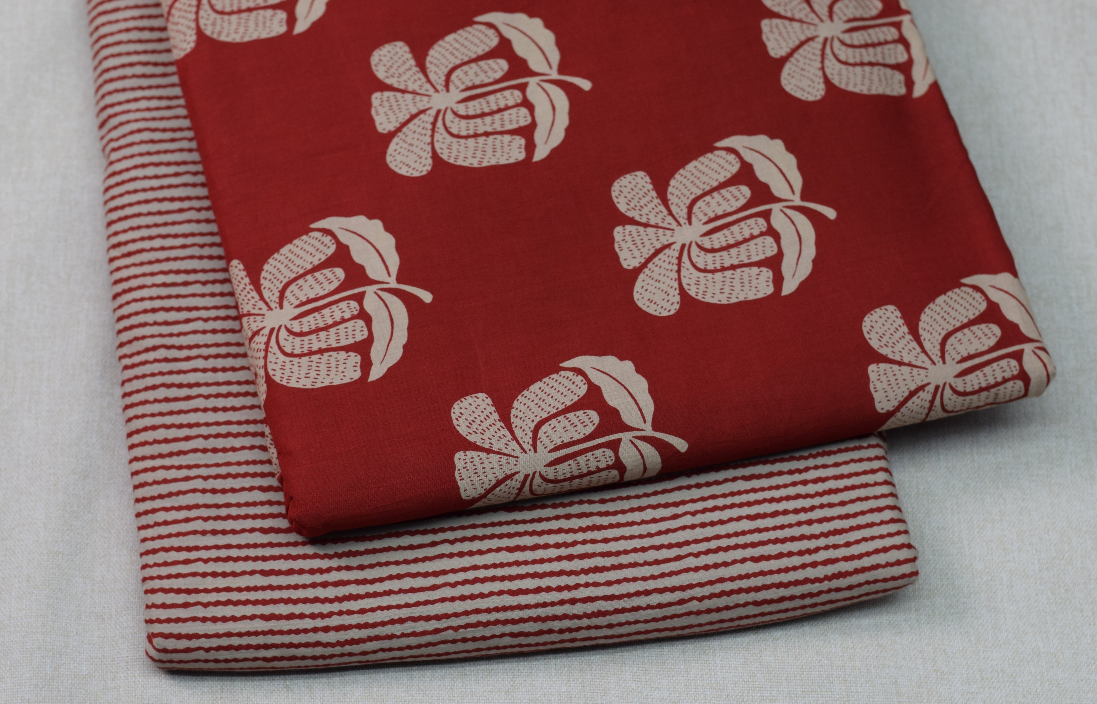 Soft Cotton Red Floral Print Dress Material Set with Striped Bottom – 44" Width