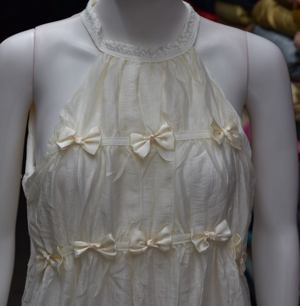 Imported Free Size Women's Bow Detail Sleeveless Maxi Frock – Elegant Ivory White