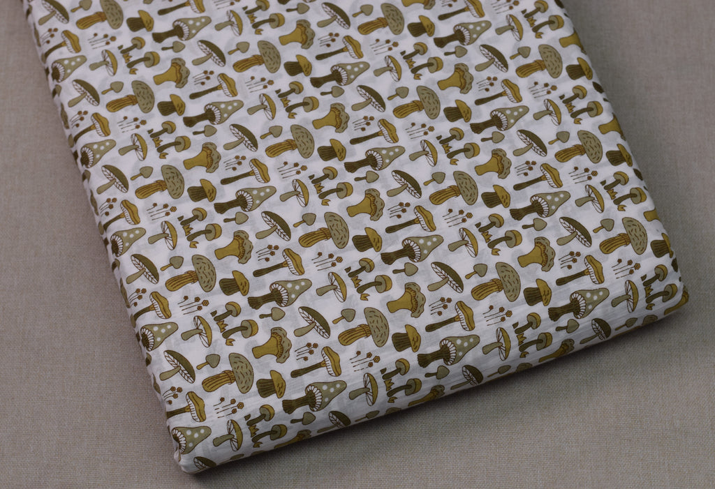 Soft Cotton Mushroom Print Dress Material Top Fabric – White & Olive Green | 2.5 Meter | 44" Width