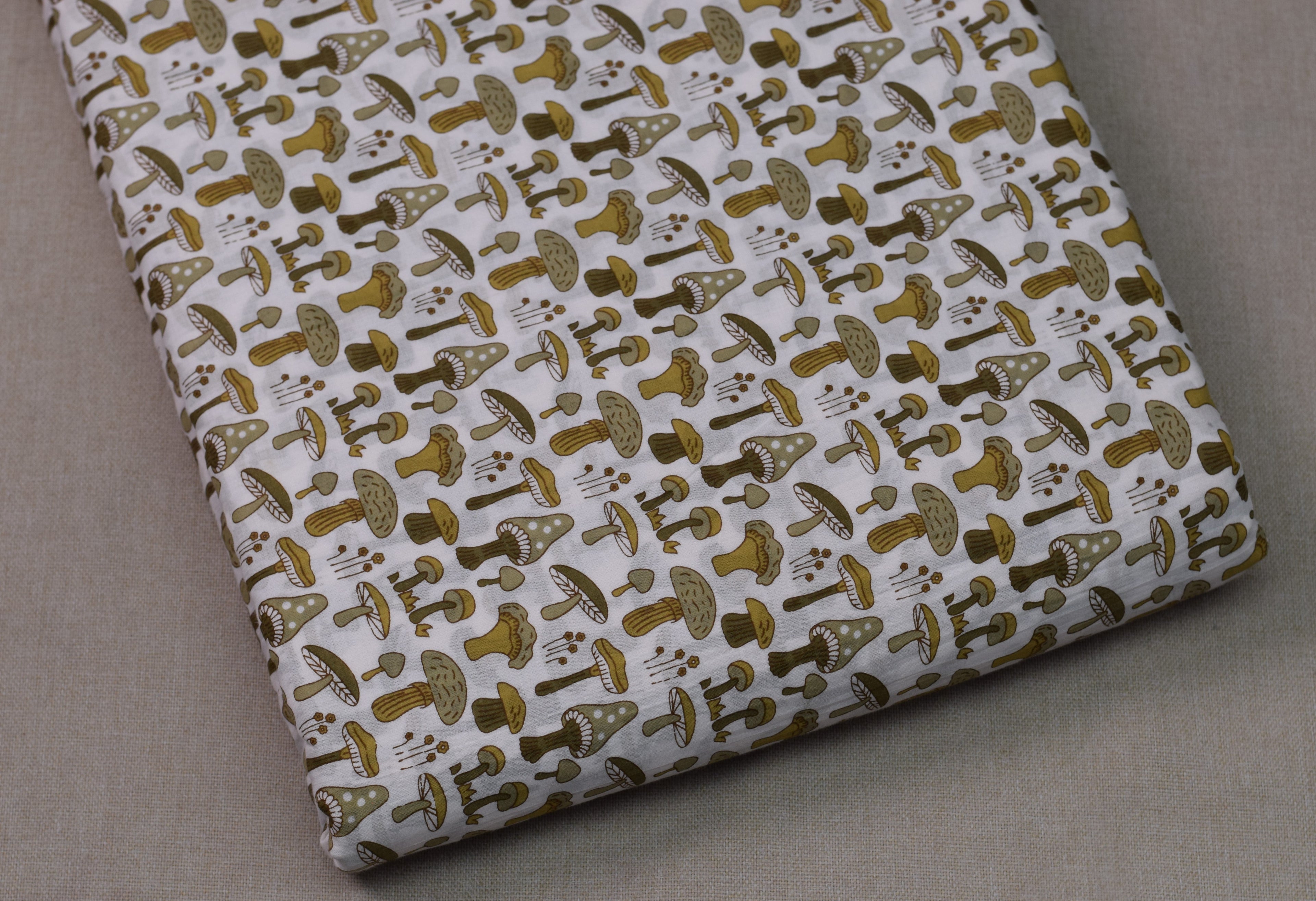 Soft Cotton Mushroom Print Dress Material Top Fabric – White & Olive Green | 2.5 Meter | 44" Width