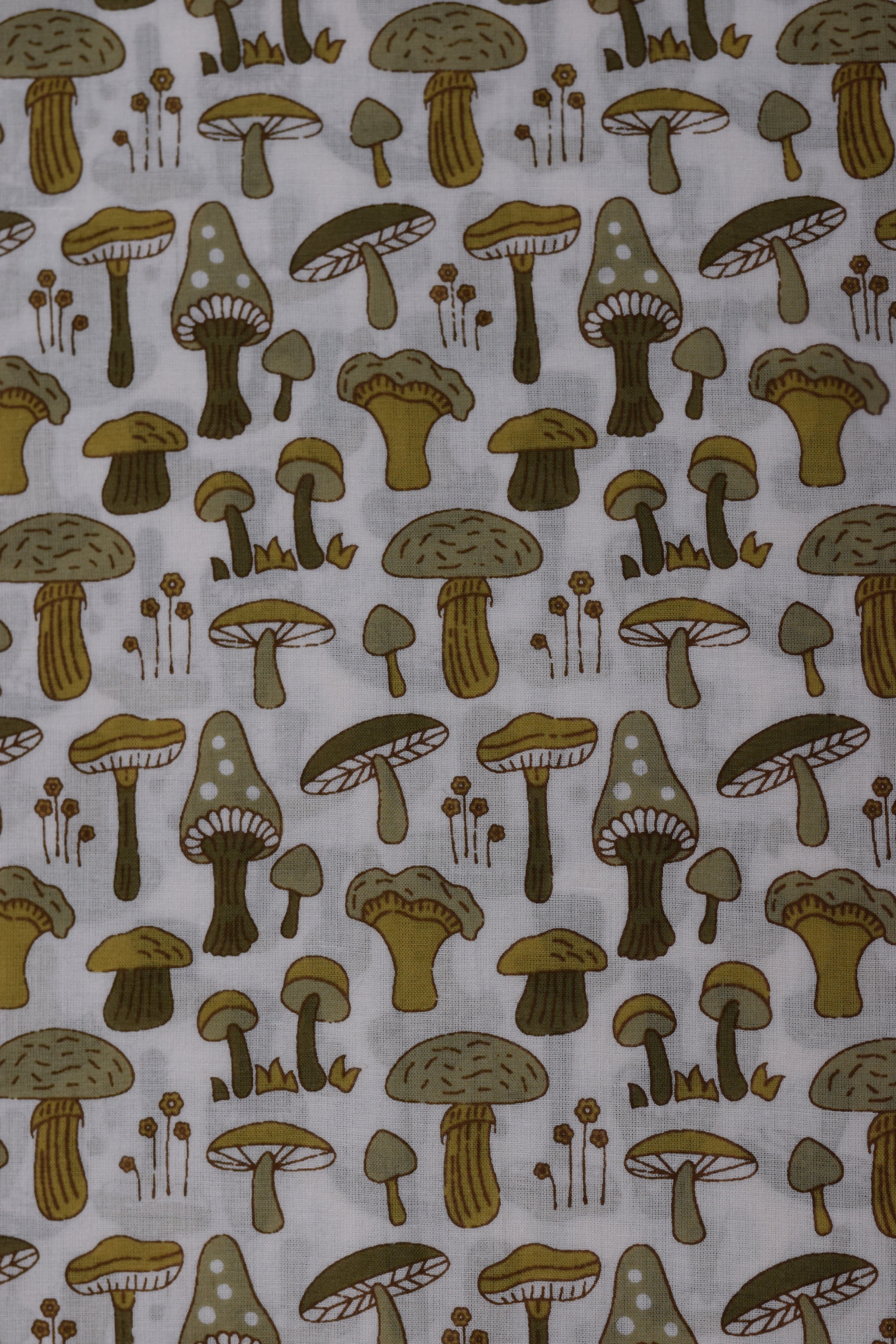 Soft Cotton Mushroom Print Dress Material Top Fabric – White & Olive Green | 2.5 Meter | 44" Width