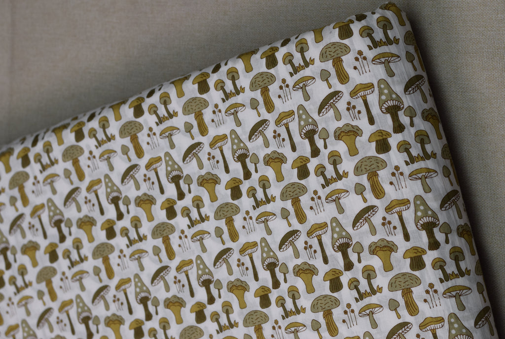 Soft Cotton Mushroom Print Dress Material Top Fabric – White & Olive Green | 2.5 Meter | 44" Width