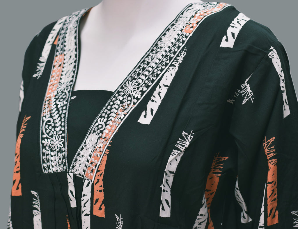 Dark Green Printed Churidar Top for Women – Embroidered V-Neck Casual Kurti