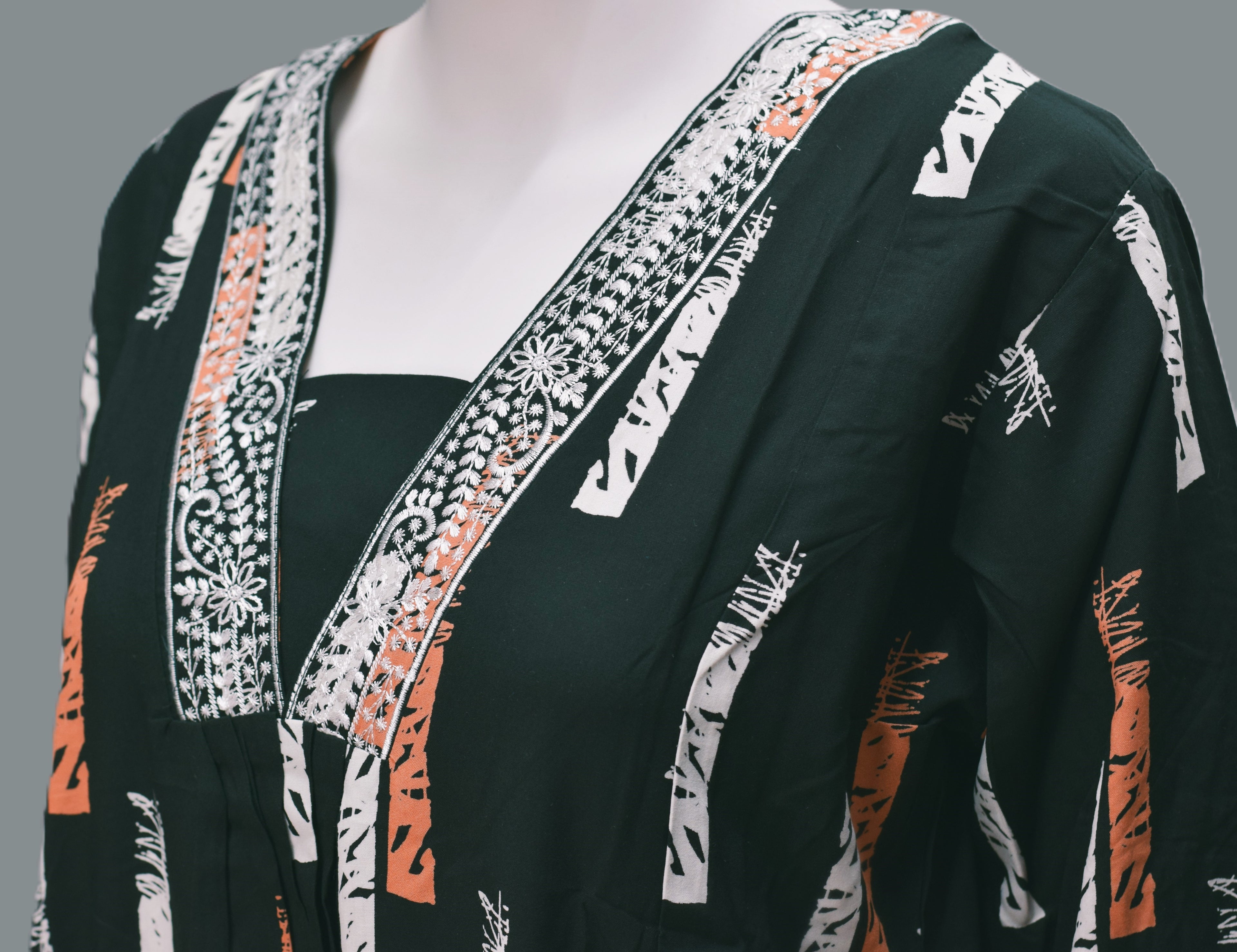 Dark Green Printed Churidar Top for Women – Embroidered V-Neck Casual Kurti