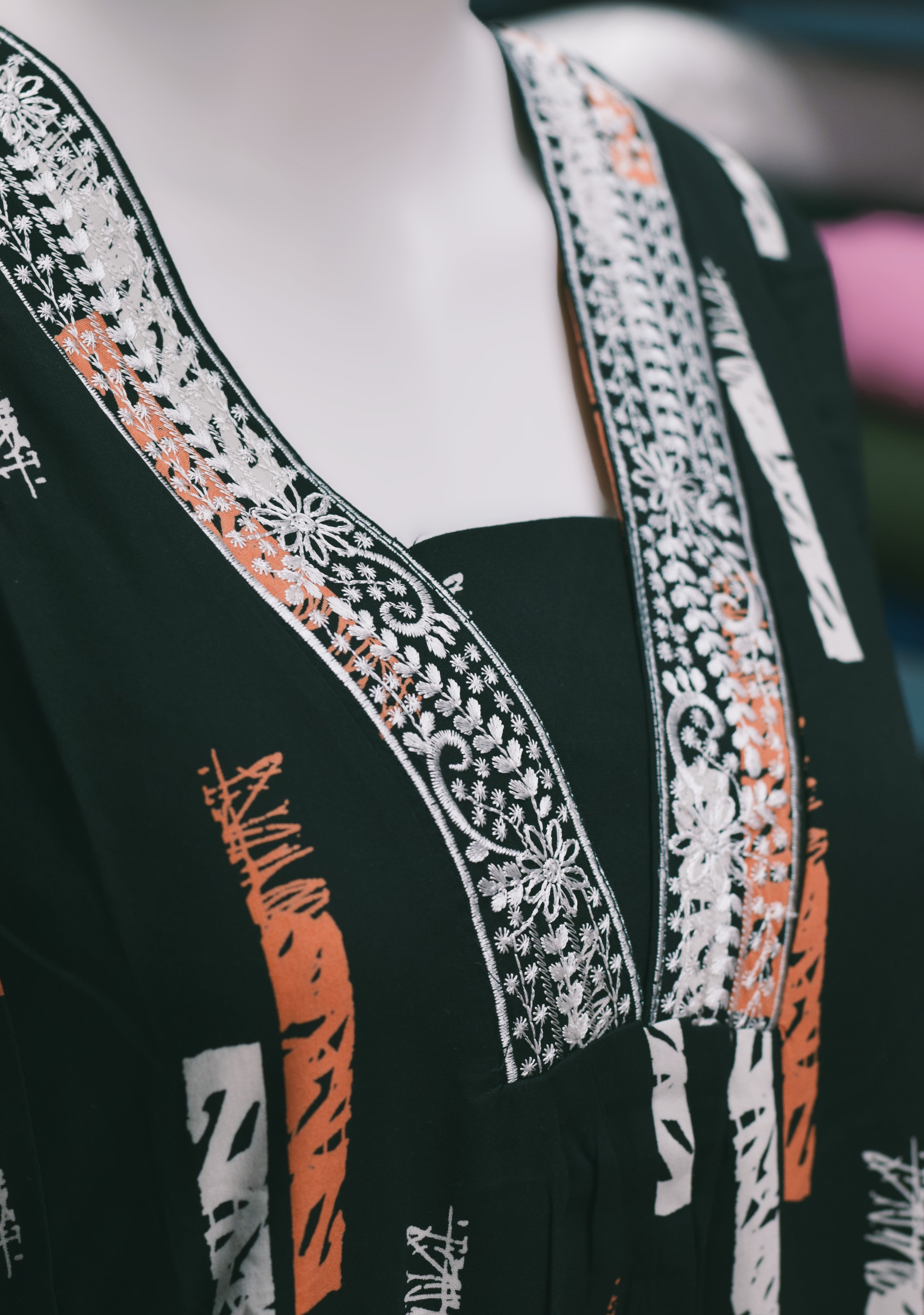 Dark Green Printed Churidar Top for Women – Embroidered V-Neck Casual Kurti