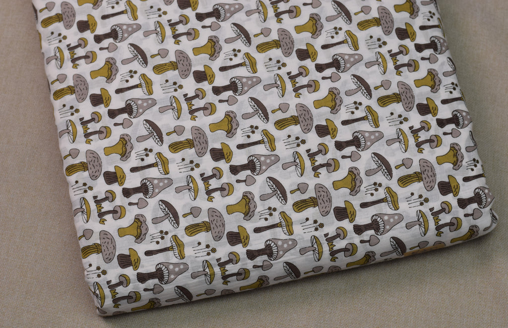 Soft Cotton Mushroom Print Dress Material Top Fabric – White & Olive Green | 2.5 Meter | 44" Width