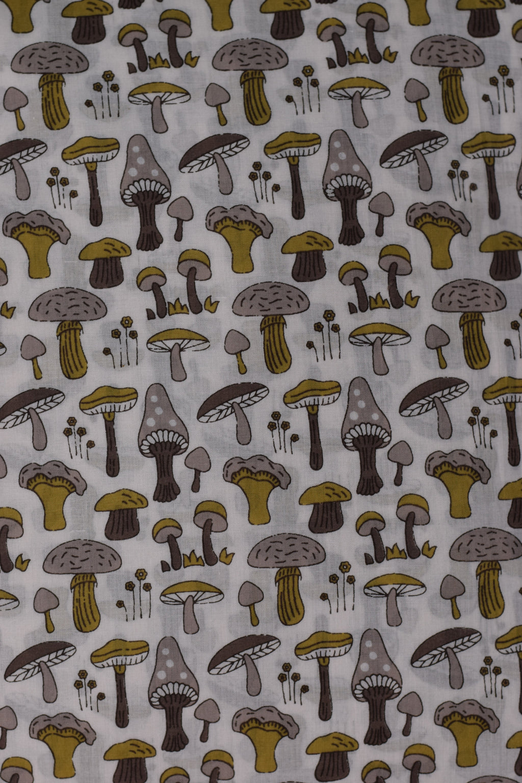 Soft Cotton Mushroom Print Dress Material Top Fabric – White & Olive Green | 2.5 Meter | 44" Width