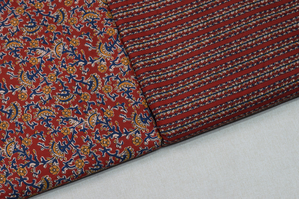 Rust Red Floral Print Soft Cotton Dress Material Set | Unstitched Top & Bottom Fabric | 44" Width