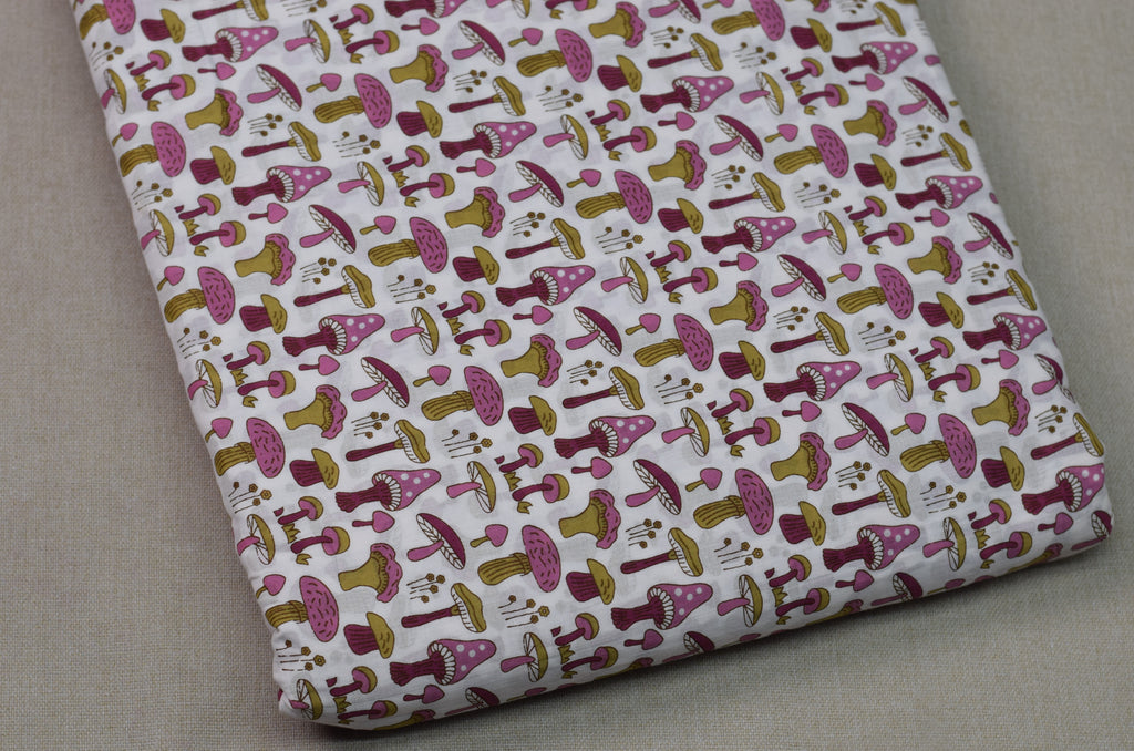 Soft Cotton Mushroom Print Dress Material Top Fabric – White & Pink | 44" Width | 2.5 Meters