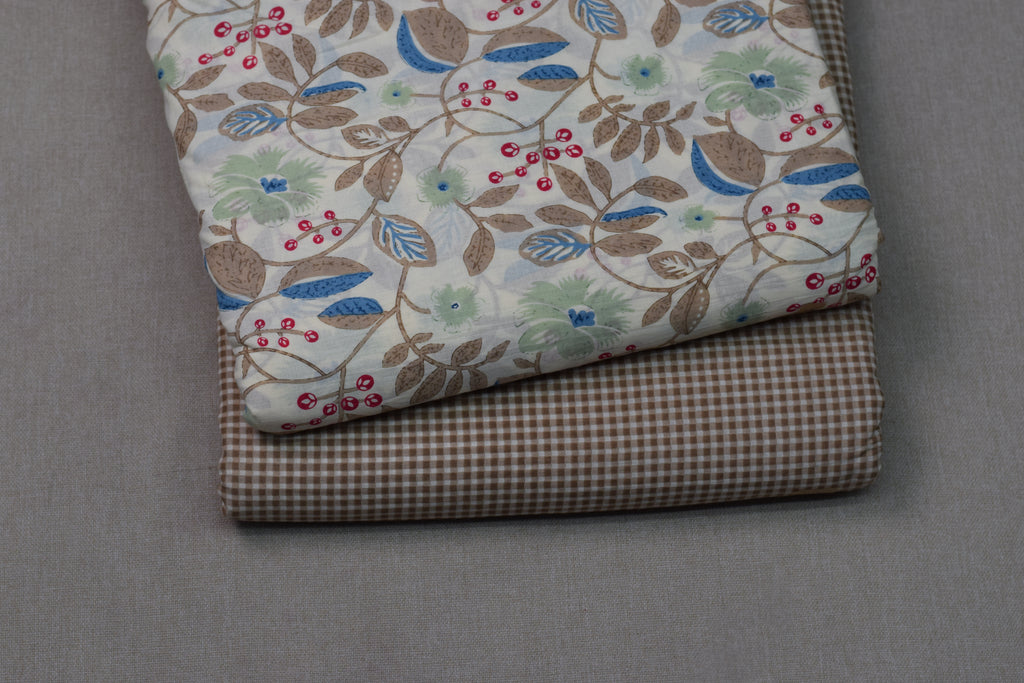 Soft Cotton Floral Print Dress Material Set – Cream & Brown | Top 2.5m + Bottom 2m | 44" Width