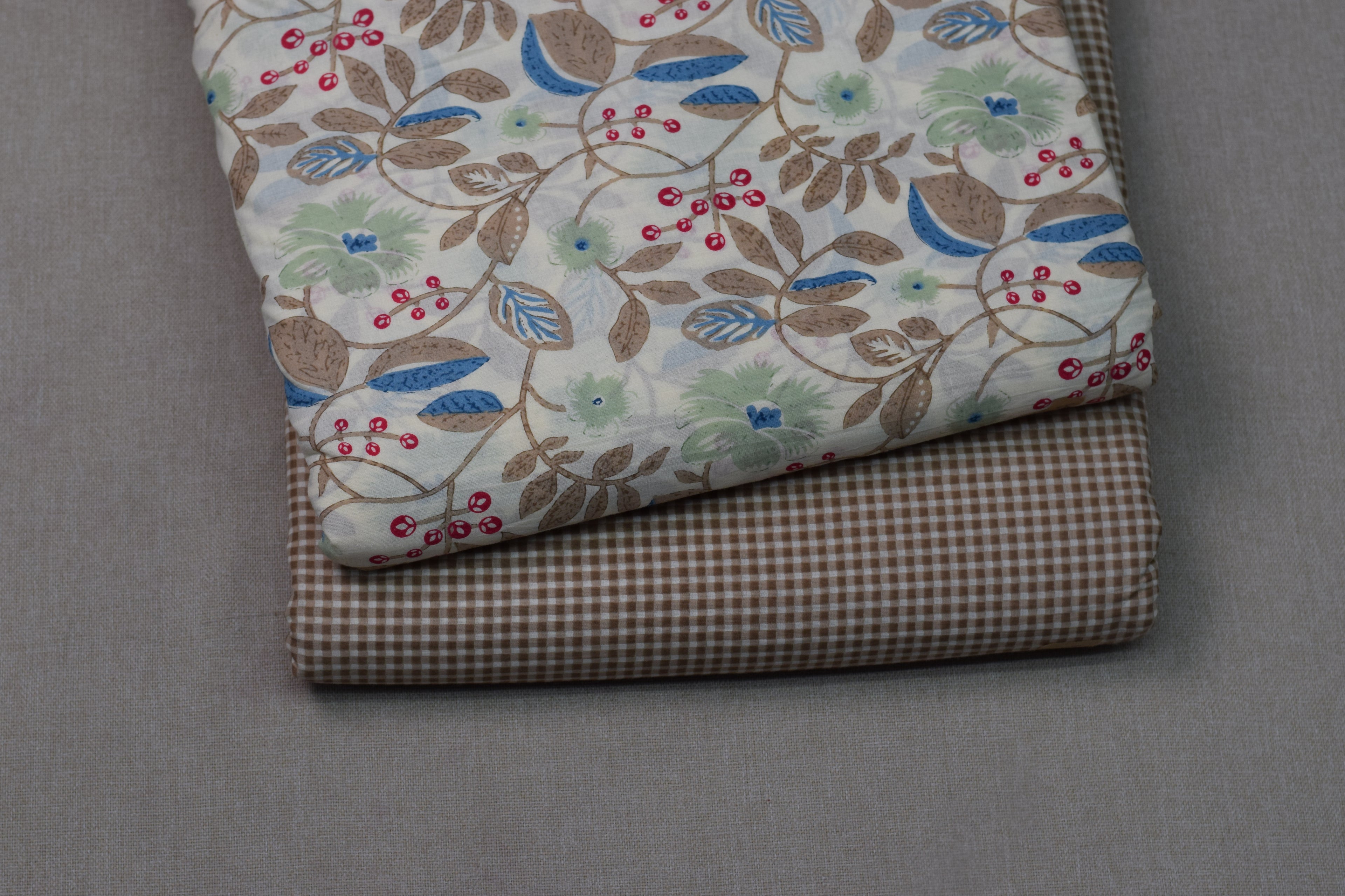 Soft Cotton Floral Print Dress Material Set – Cream & Brown | Top 2.5m + Bottom 2m | 44" Width