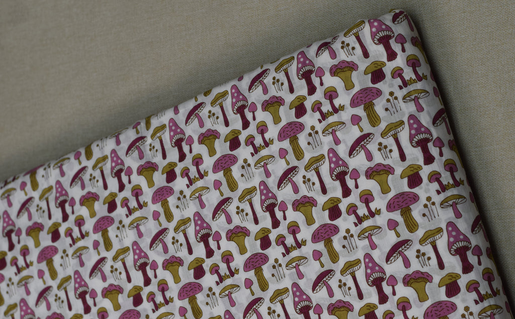 Soft Cotton Mushroom Print Dress Material Top Fabric – White & Pink | 44" Width | 2.5 Meters