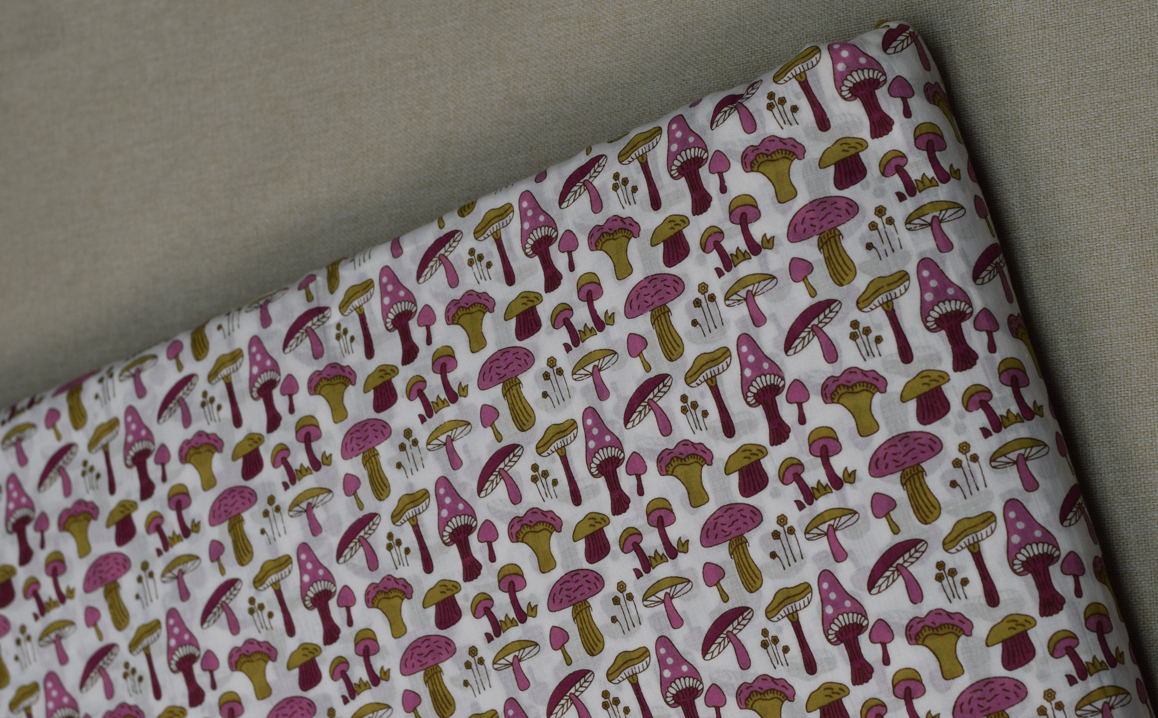 Soft Cotton Mushroom Print Dress Material Top Fabric – White & Pink | 44" Width | 2.5 Meters